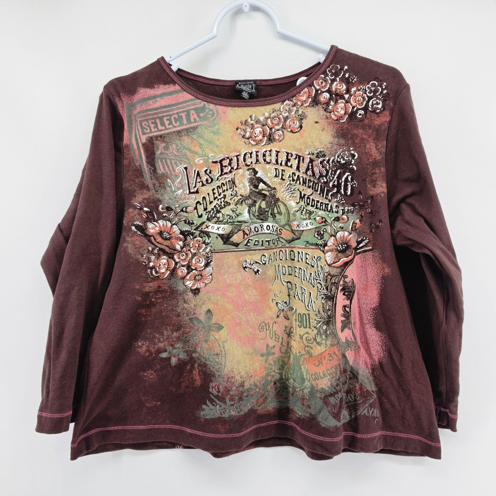 Y2K Suzie in the City Bling Graphic Long Sleeve Top Womens XL Brown Made in USA